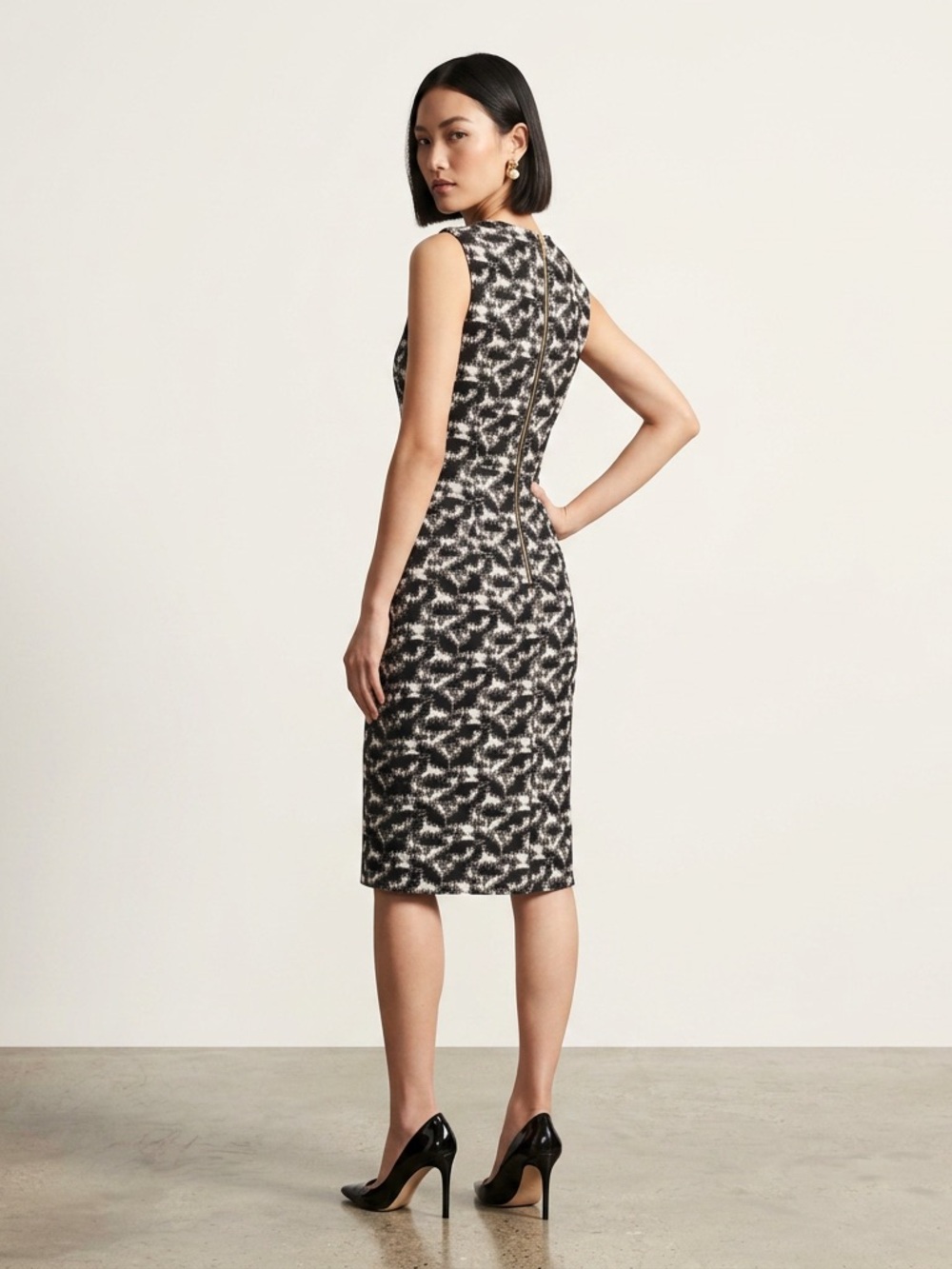 Calvin Klein Black and White Printed Midi Sheath Dress